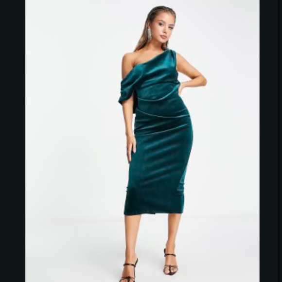 Emerald green velvet one-shoulder midi dress - Size US 6 - Picture 1 of 1